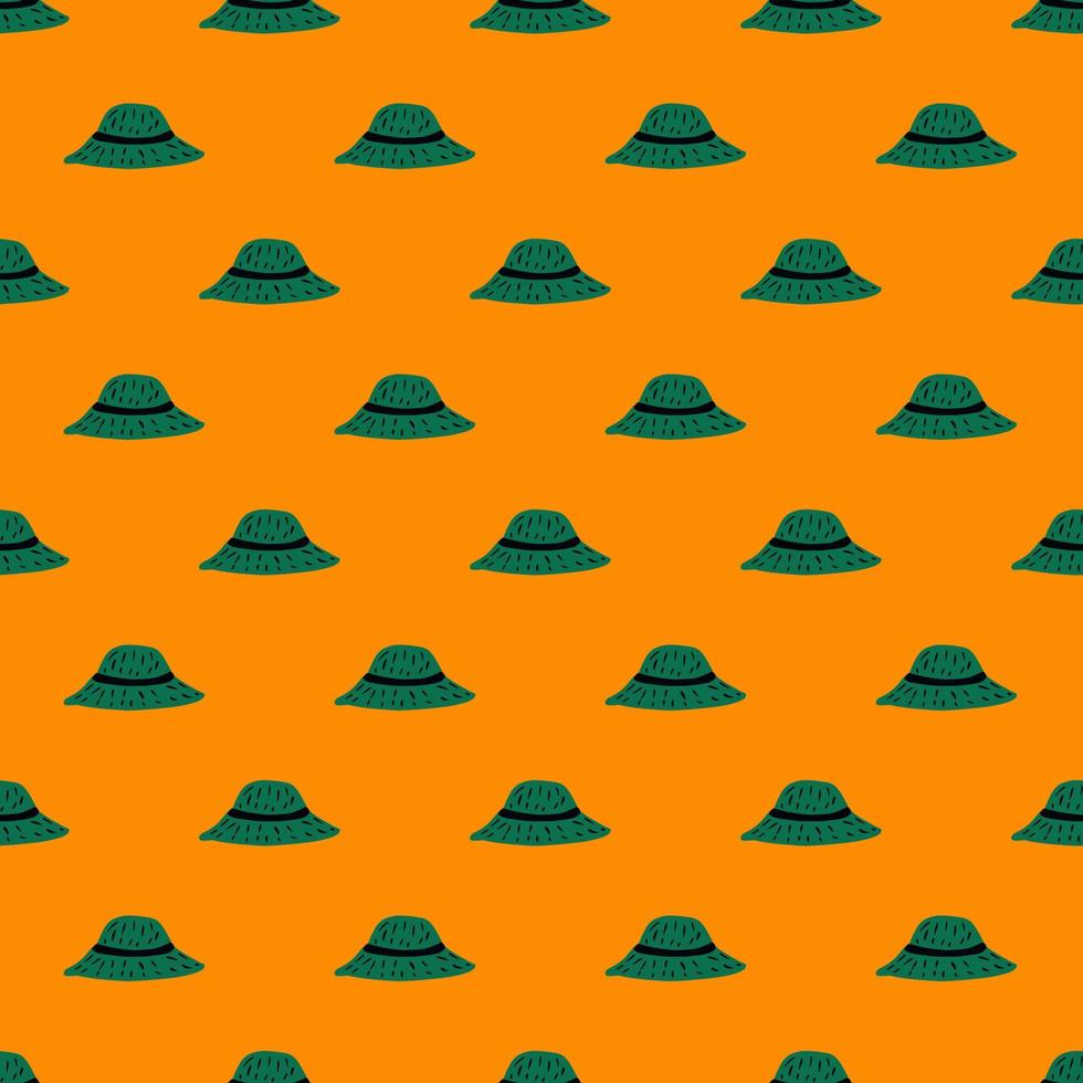 padrão sem emenda de chapéu de verão com ornamento de Panamá doodle verde. fundo laranja brilhante. vetor