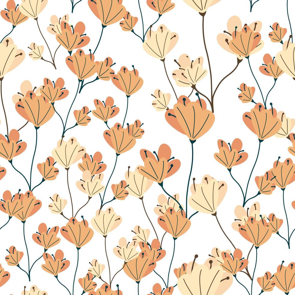 padrão sem emenda de natureza primavera com elementos de flores de doodle aleatório laranja. fundo branco. impressão simples. vetor