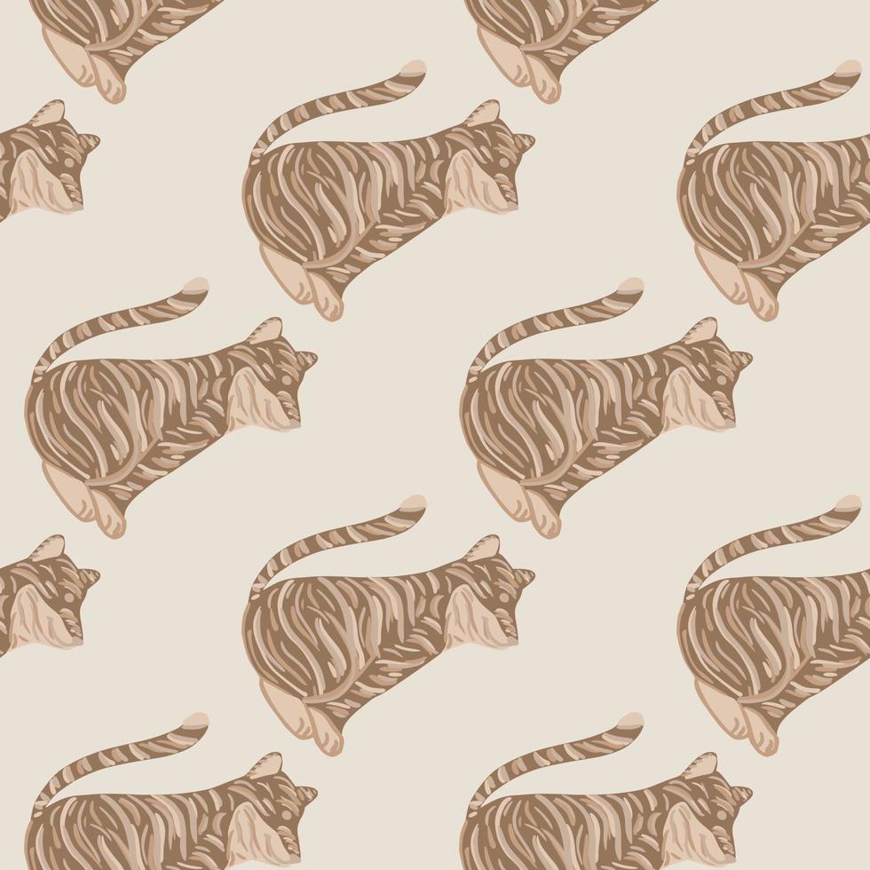 padrão sem emenda de gato predador bege com elementos simples de tigre. fundo cinza claro. impressão de rabiscos. vetor