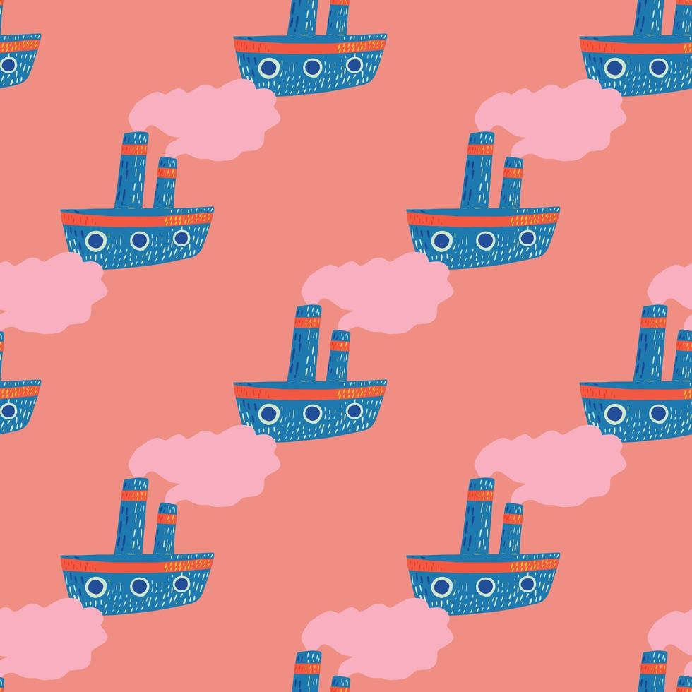 garoto dos desenhos animados com ornamento de navio a vapor azul. fundo rosa. pano de fundo marinho de viagem. vetor