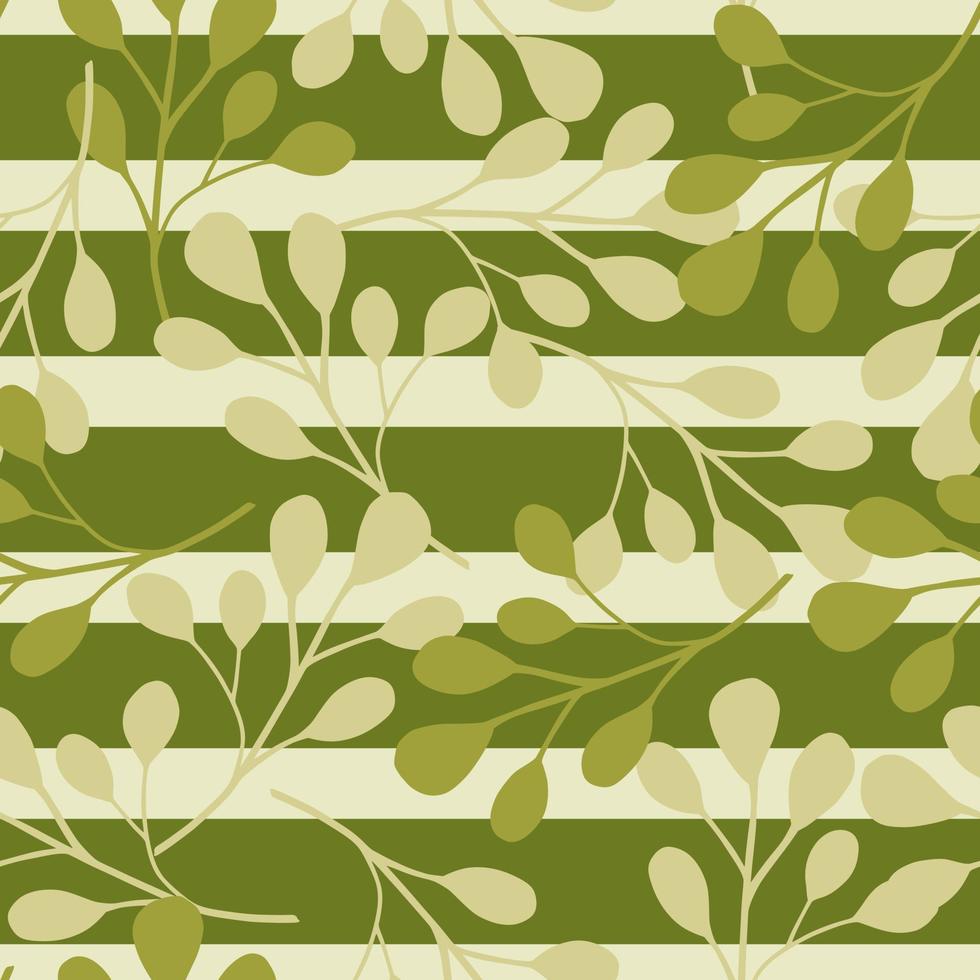 sem costura padrão aleatório com formas de elementos de folhas de eucalipto. fundo listrado verde e cinza. vetor