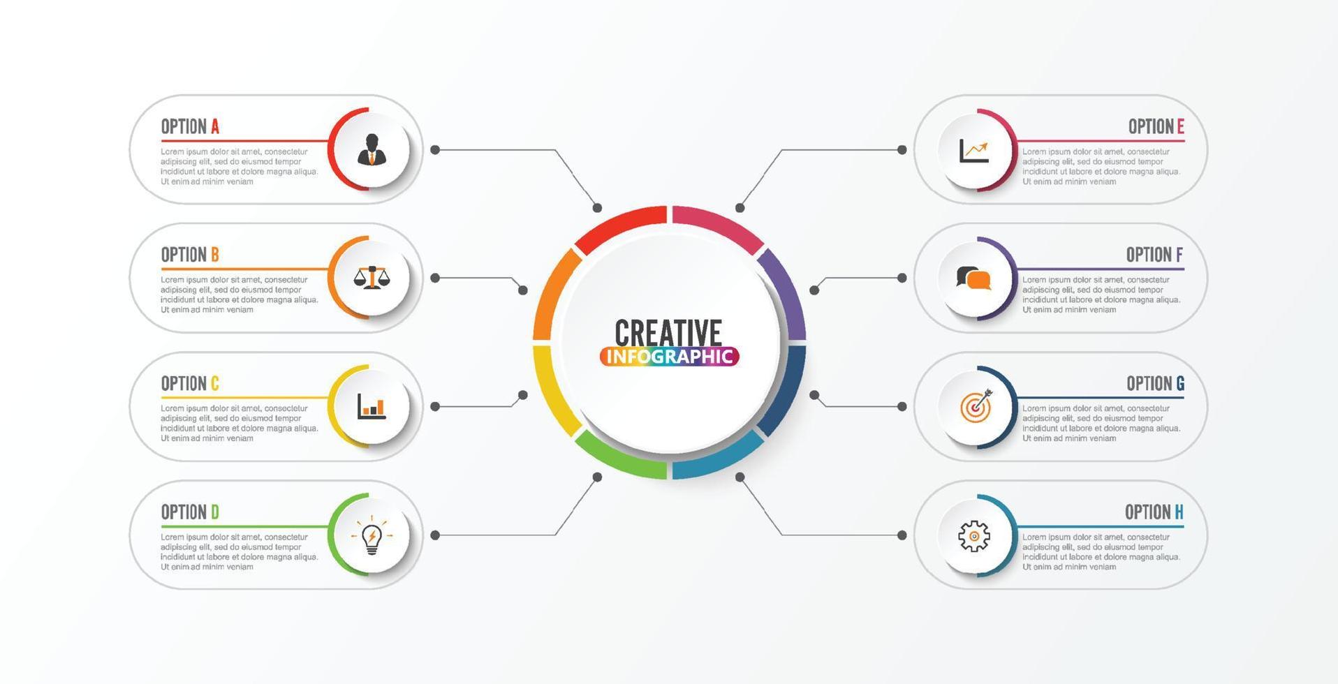 elementos abstratos do modelo de infográfico de vetor gráfico com rótulo, círculos integrados. conceito de negócio com 8 opções. para conteúdo, diagrama, fluxograma, etapas, peças, infográficos de linha do tempo, gráfico.