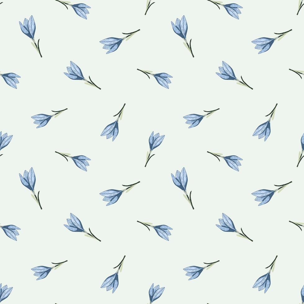 padrão sem emenda botânico de recados com pequenos elementos de flor de açafrão de contorno aleatório azul sobre fundo claro. vetor