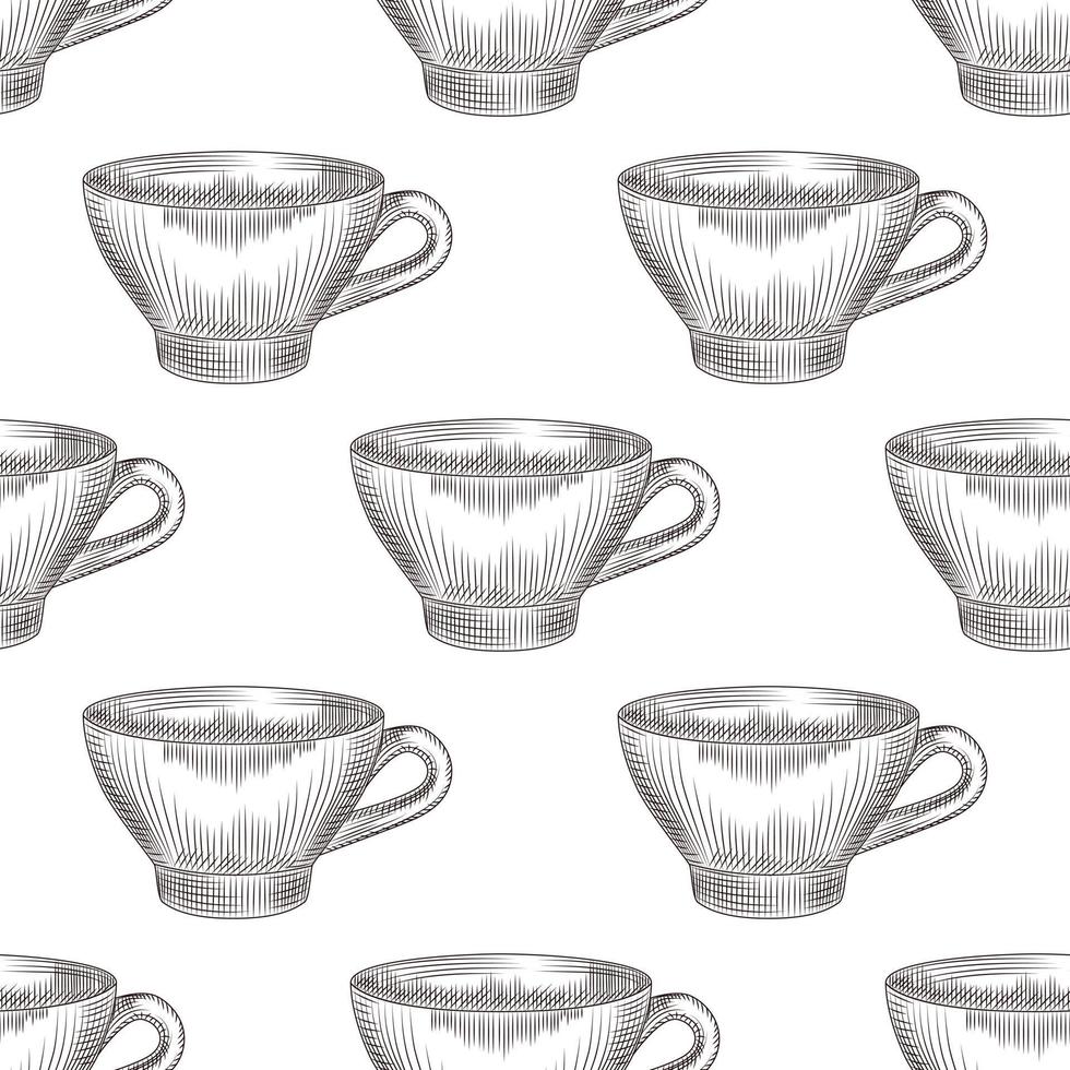 mão desenhada xícara de chá padrão sem emenda sobre fundo branco. gravura em estilo vintage. vetor
