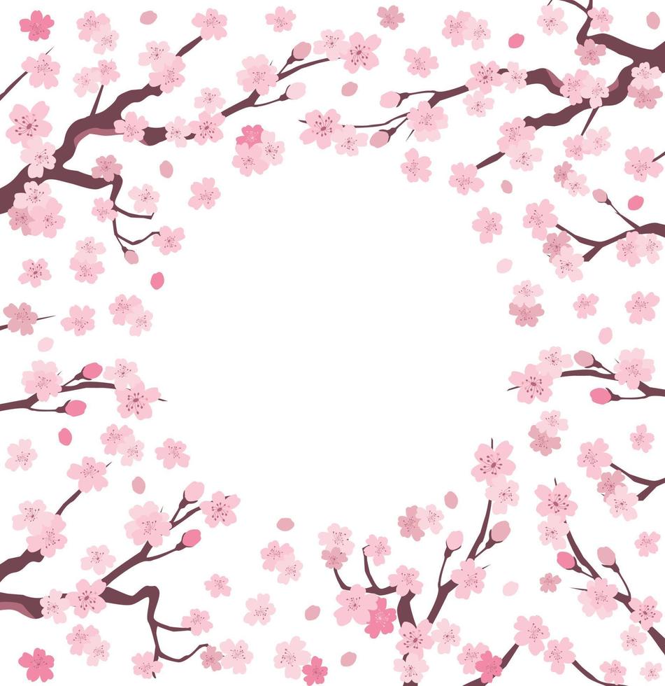 ramos de cereja sakura japão com flores desabrochando e moldura em fundo transparente vetor