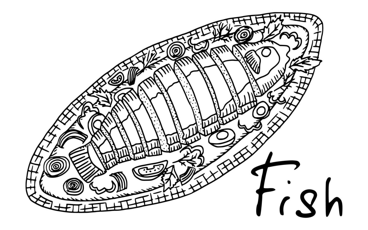 desenho de esboço recheado de peixe frito doodle vector