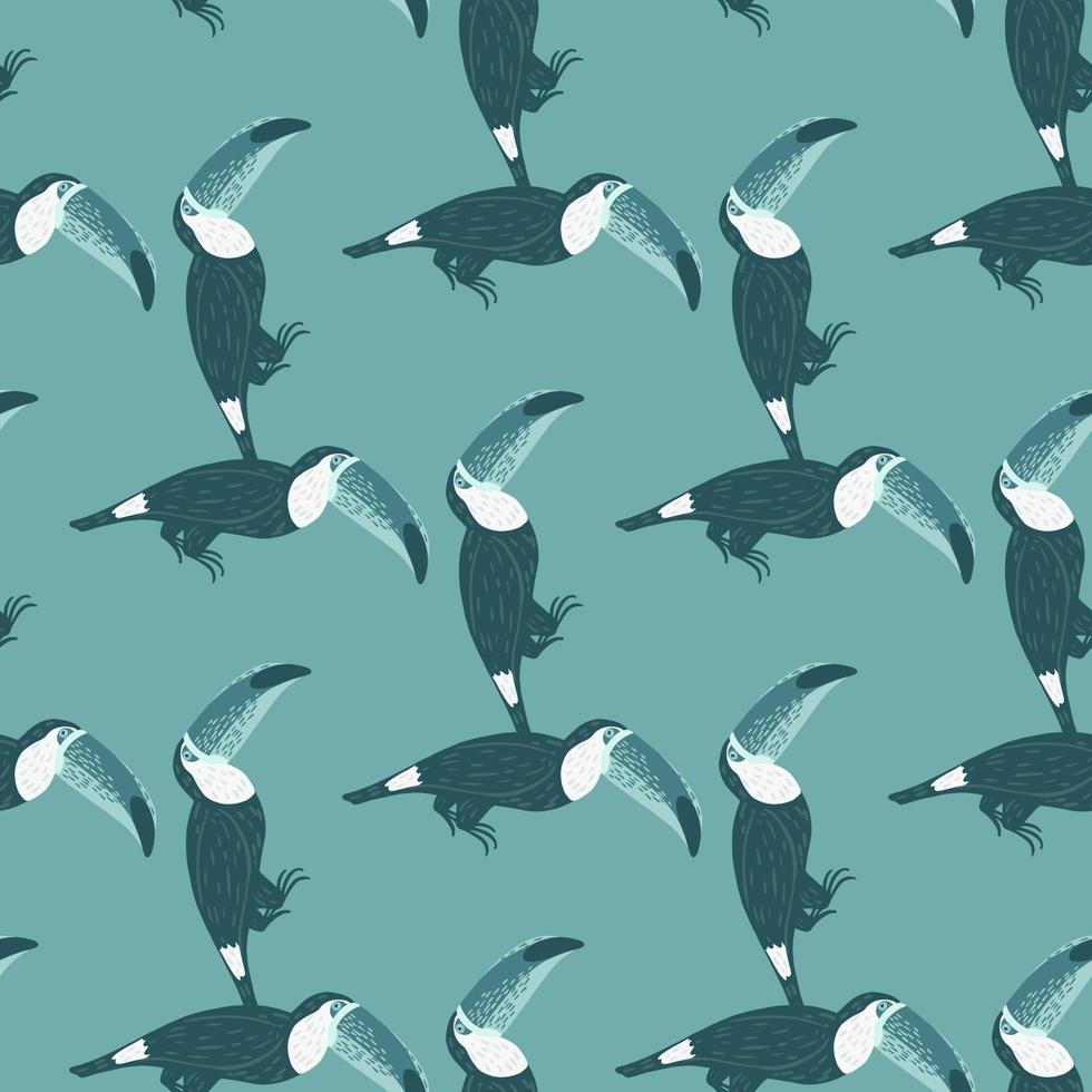padrão sem emenda de animais trópicos abstratos com silhuetas de pássaros tucano doodle. pano de fundo do zoológico de paleta azul. vetor