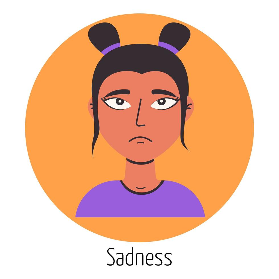 personagem feminina com uma cara triste. expressão facial. sentimento de mulher jovem. retrato de mulher bonita. avatar de mulher, emoji vetor