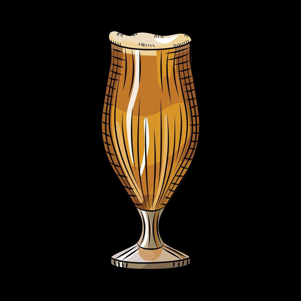 copo de cerveja escura isolado no fundo preto. copo de cerveja cheio desenhado à mão. bandeira de bebida alcoólica. vetor
