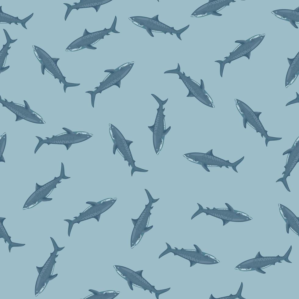 padrão sem emenda de fundo azul pastel de tubarão tigre. cinza texturizado de peixes marinhos para qualquer finalidade. vetor