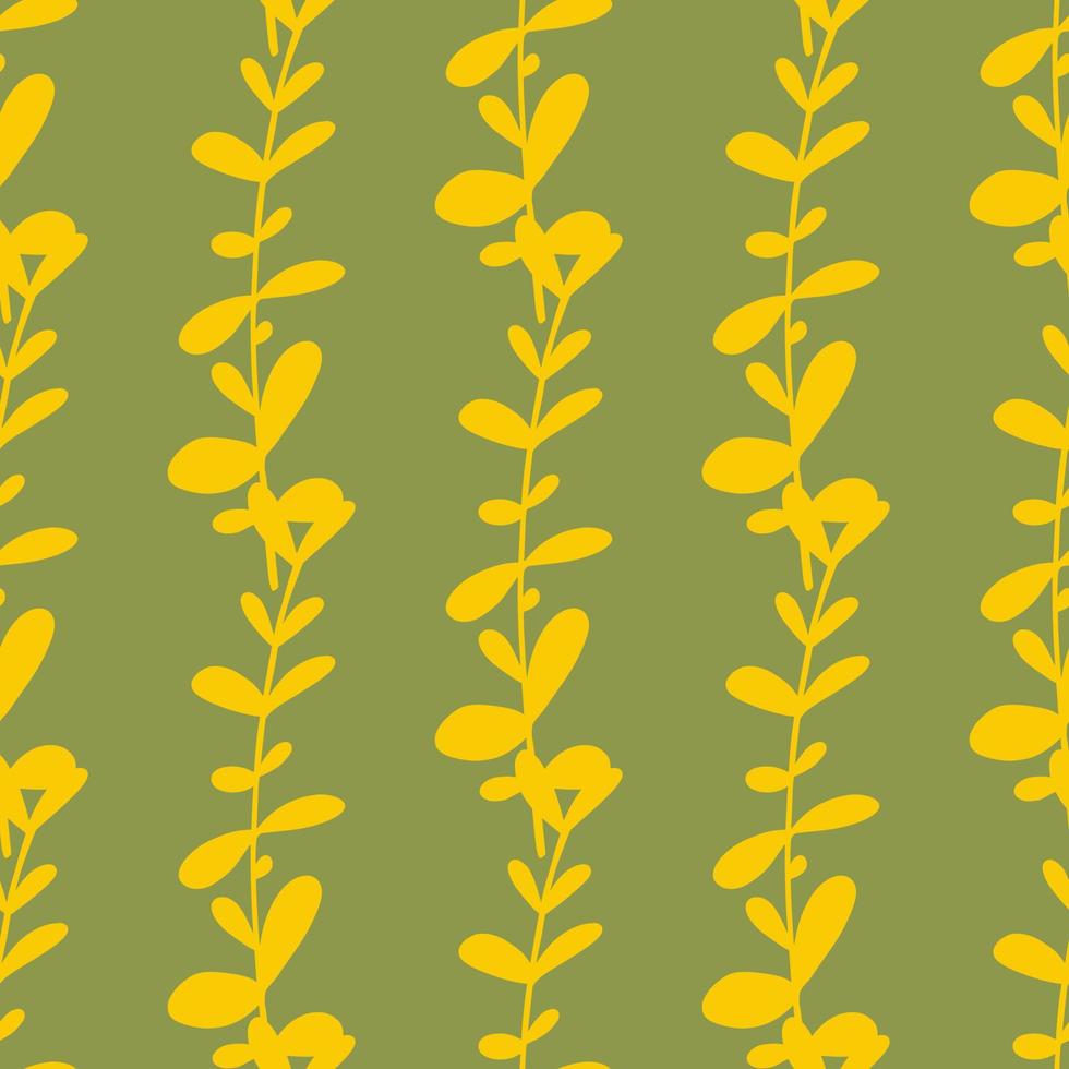 padrão de doodle sem costura de elementos de eucalipto de ervas amarelo. fundo pastel verde. cenário de verão. vetor