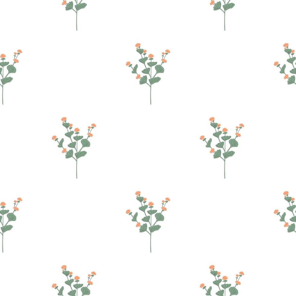 padrão sem emenda isolado com folhas verdes e formas de flores silvestres laranja. fundo branco. vetor