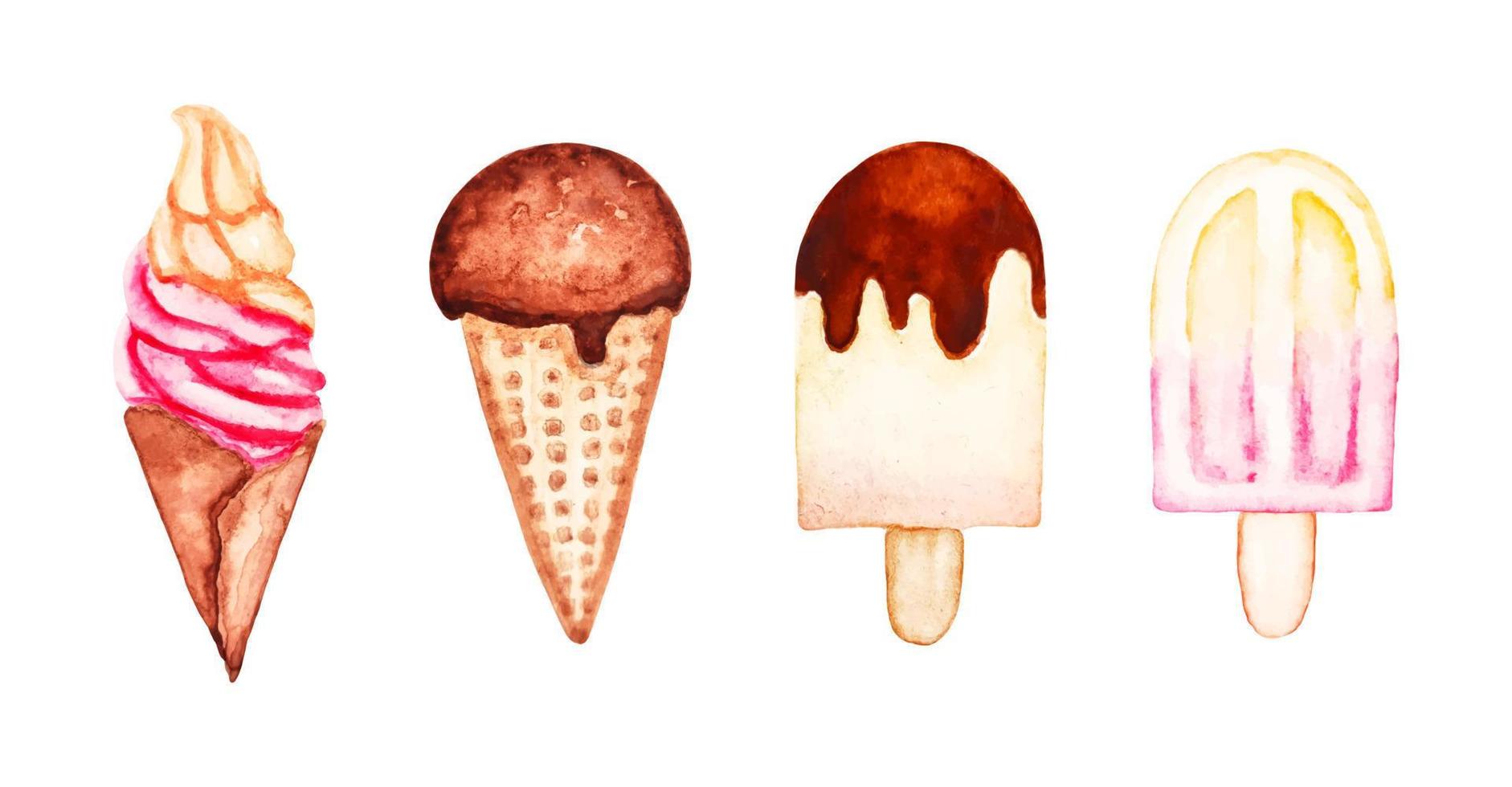 conjunto de sorvete aquarela, ícone de comida colorida isolada, sorvete de cone de waffle de chocolate, clipart de pintura texturizada. vetor