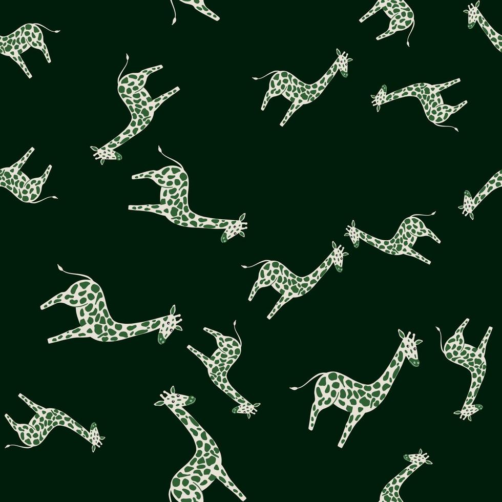 padrão aleatório sem costura escuro com formas de girafa desenhadas à mão doodle. fundo preto. vetor