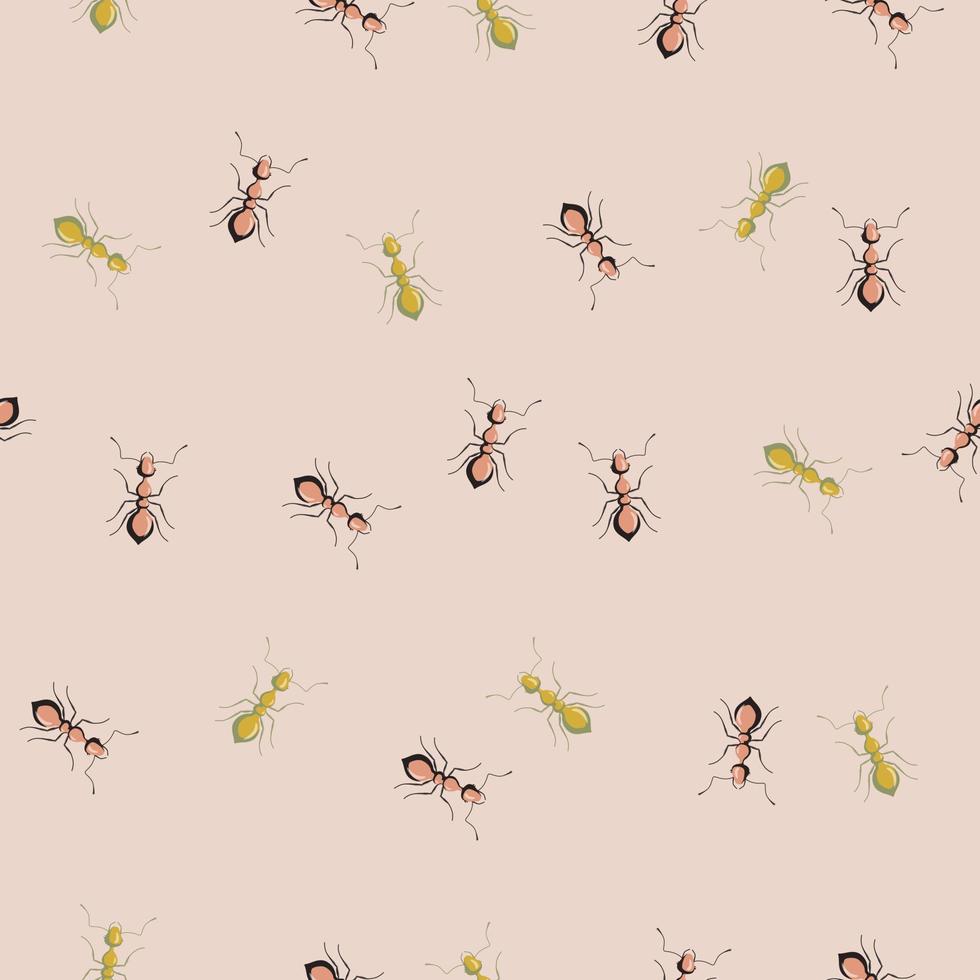 formigas de colônia padrão sem emenda em fundo rosa pastel. modelo de insetos vetoriais em estilo simples para qualquer finalidade. textura de animais modernos. vetor