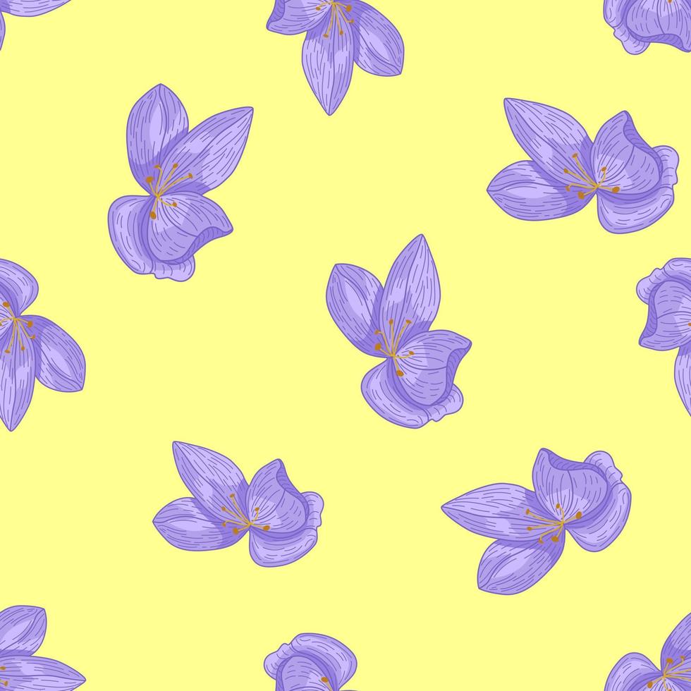 vintage padrão sem emenda com formas de flores de orquídea contorno azul. fundo de luz amarela. estilo plano. vetor