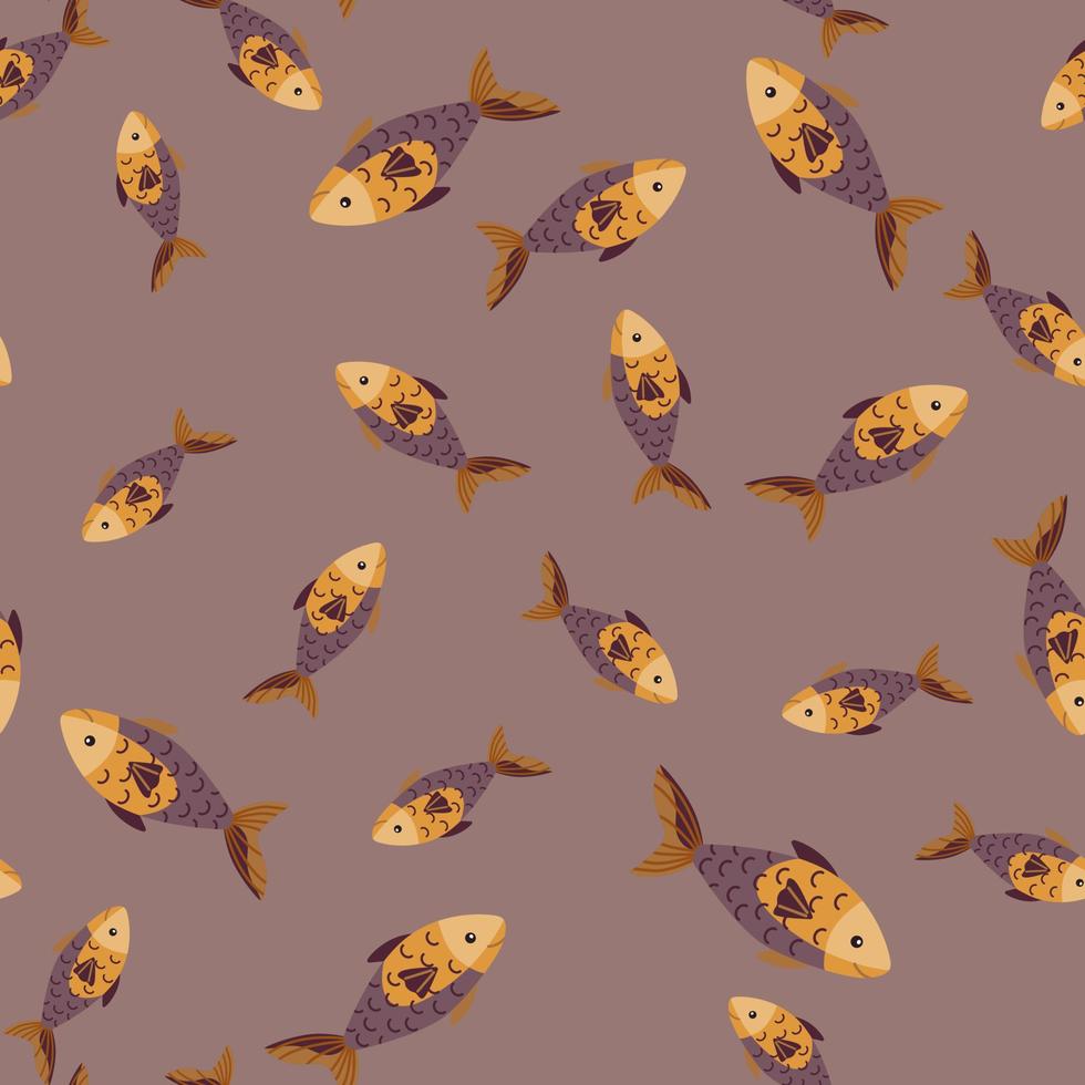 peixe padrão sem emenda em fundo marrom. ornamento abstrato com animais marinhos. vetor