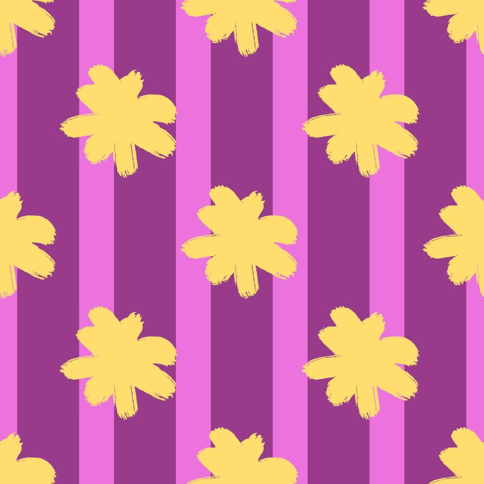 patetrn botânico sem costura estilo verão com formas de botão de flor amarela doodle. fundo listrado roxo. vetor