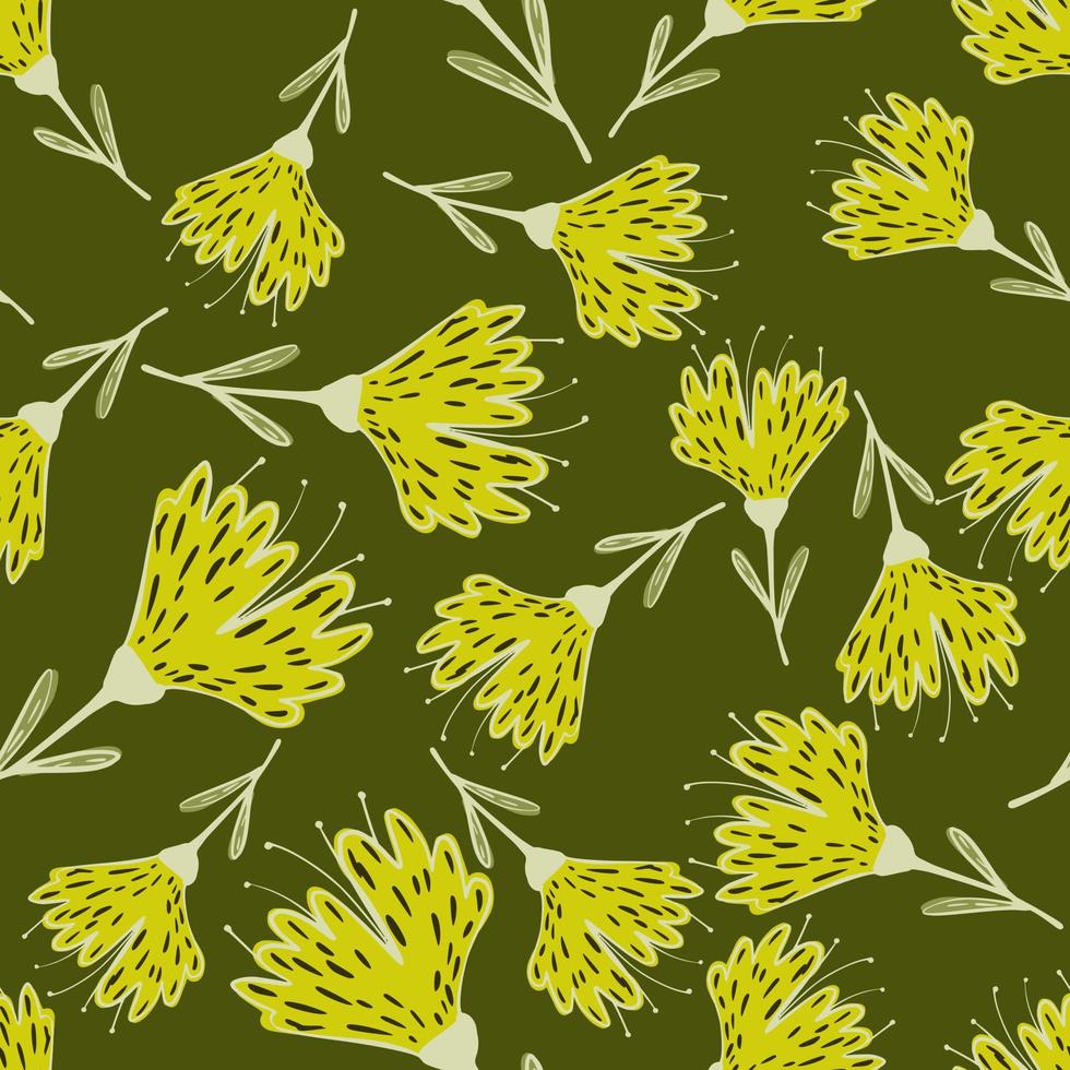 padrão sem emenda aleatório de desenhos animados com ornamento de flores silvestres amarelas. fundo verde-oliva. vetor