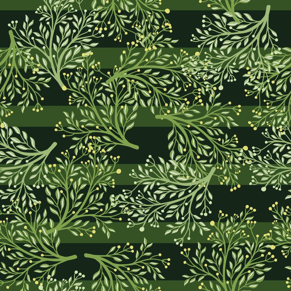 padrão sem emenda abstrato primavera sazonal com formas de silhuetas de arbustos aleatórios. fundo listrado verde. vetor