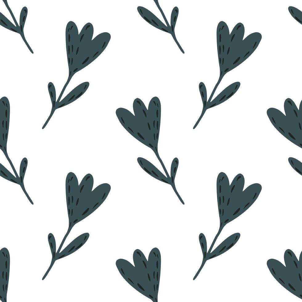 padrão de doodle sem costura isolado com silhuetas de flores de colore azul marinho. fundo branco. vetor