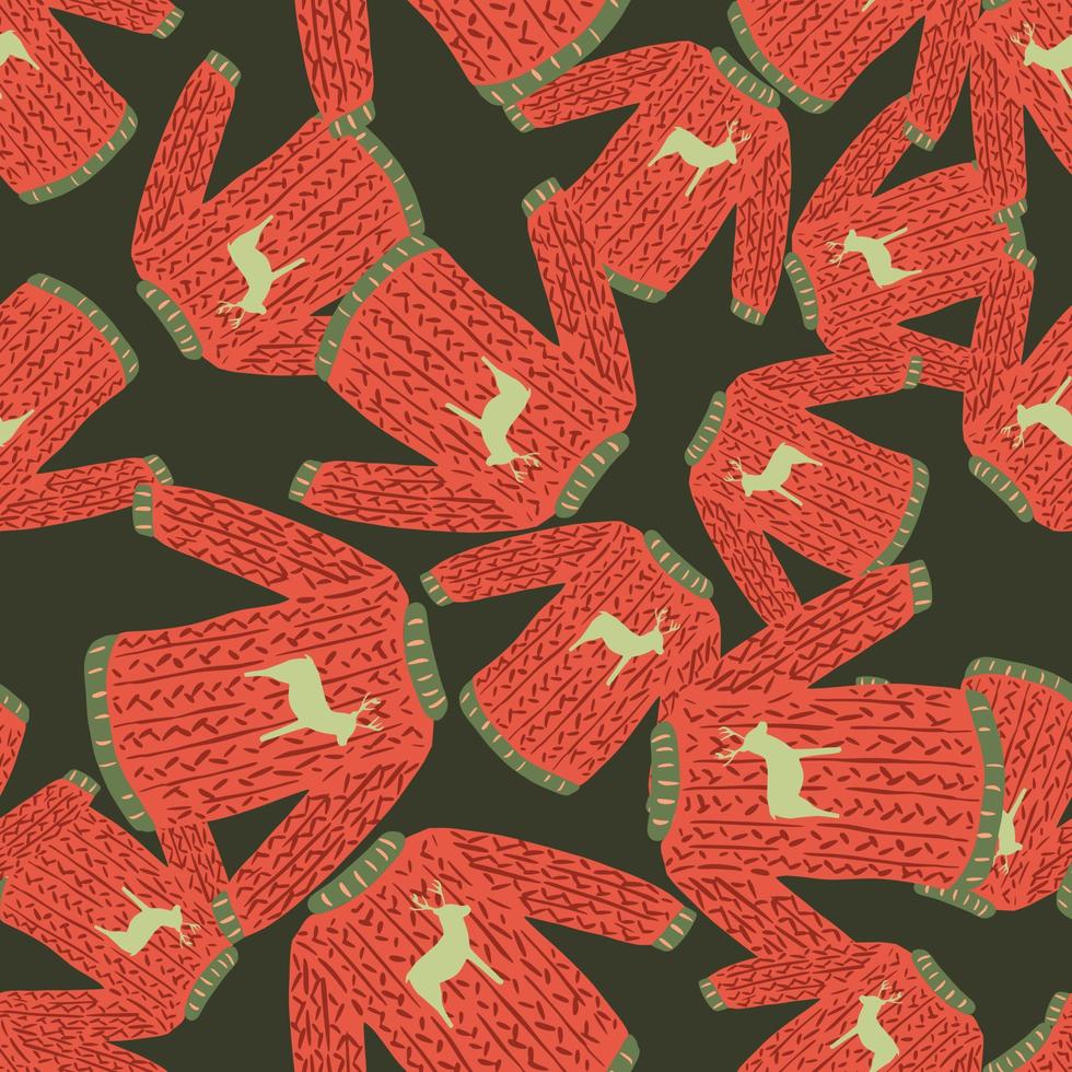 padrão sem emenda de natal aleatório com impressão de camisola vermelha sobre fundo verde-oliva escuro. vetor