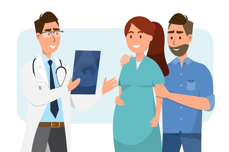 Doutor que mostra a folha do ultrassom à mulher gravida e ao seu marido no hospital. vetor