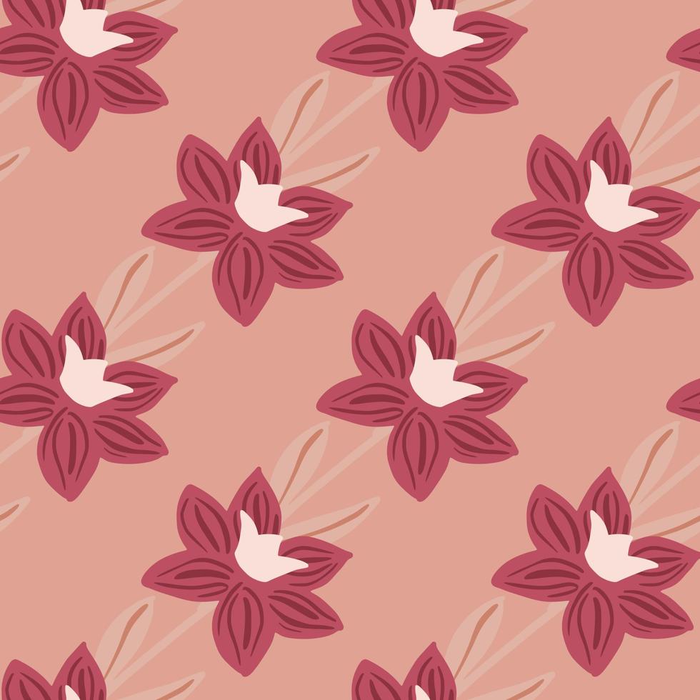 Prado natureza flora sem costura padrão com doodle flor silhouetts simples. cenário de cores rosa. design simples. vetor