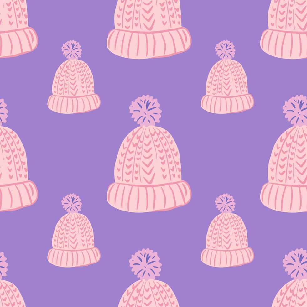 chapéu de malha rosa doodle padrão sem emenda no estilo criativo de inverno. fundo roxo. vetor