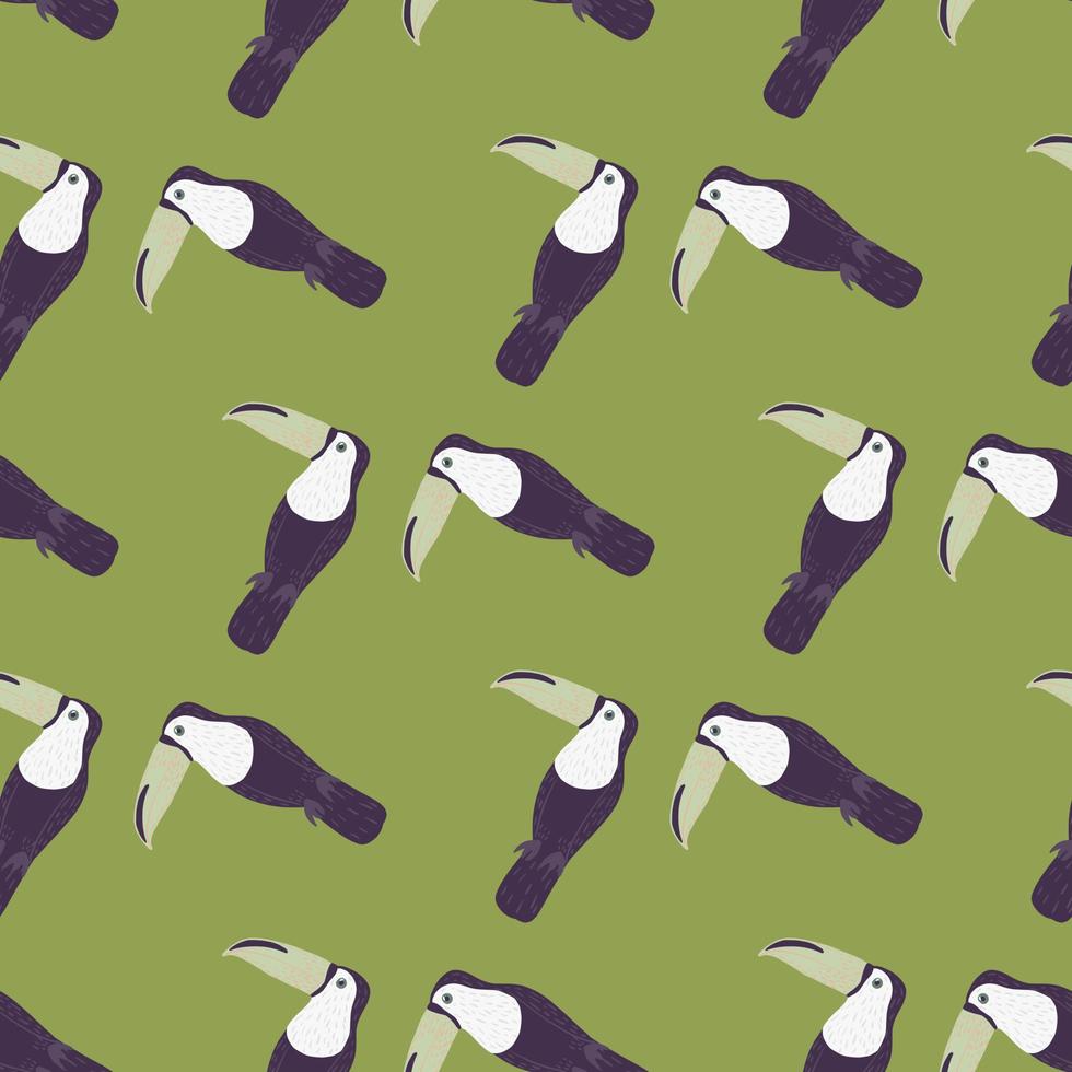 abstrato sem costura padrão com silhuetas de tucano zoológico colorido roxo. fundo verde pastel. impressão de rabiscos. vetor
