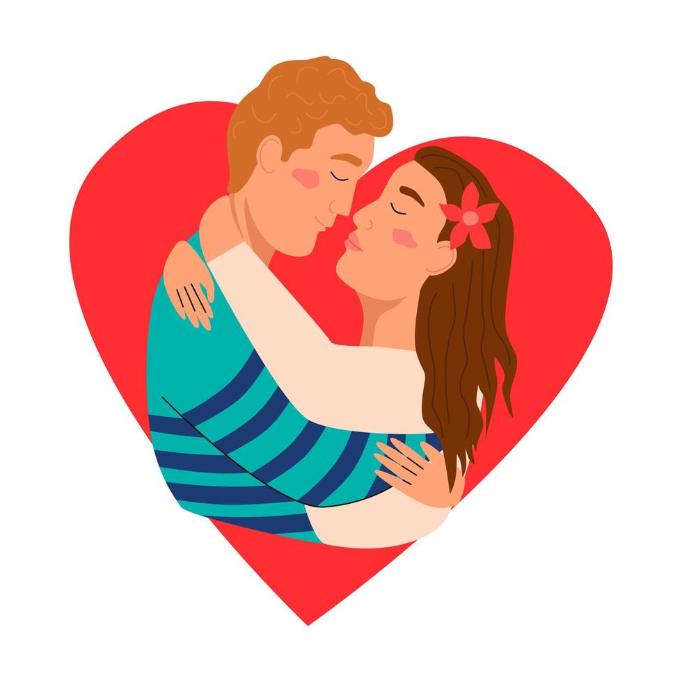 um casal se beijando. coração ao fundo. ilustração vetorial plana. cartão de dia dos namorados. vetor