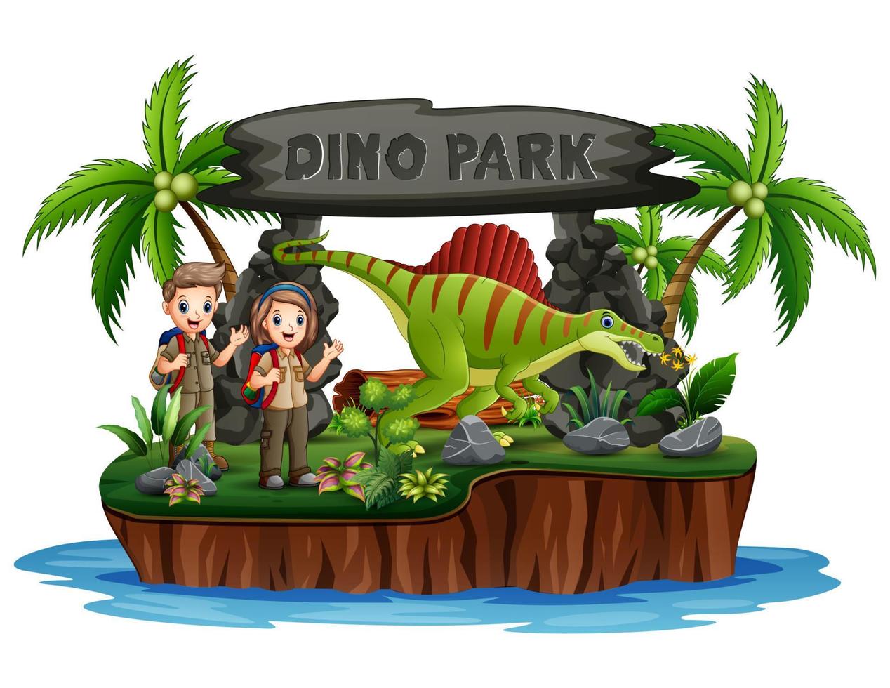 escoteiro menino e menina com dinossauros no dino park vetor