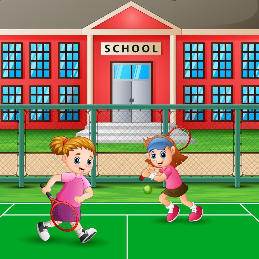 apresentando meninas jogando tênis na quadra da escola vetor