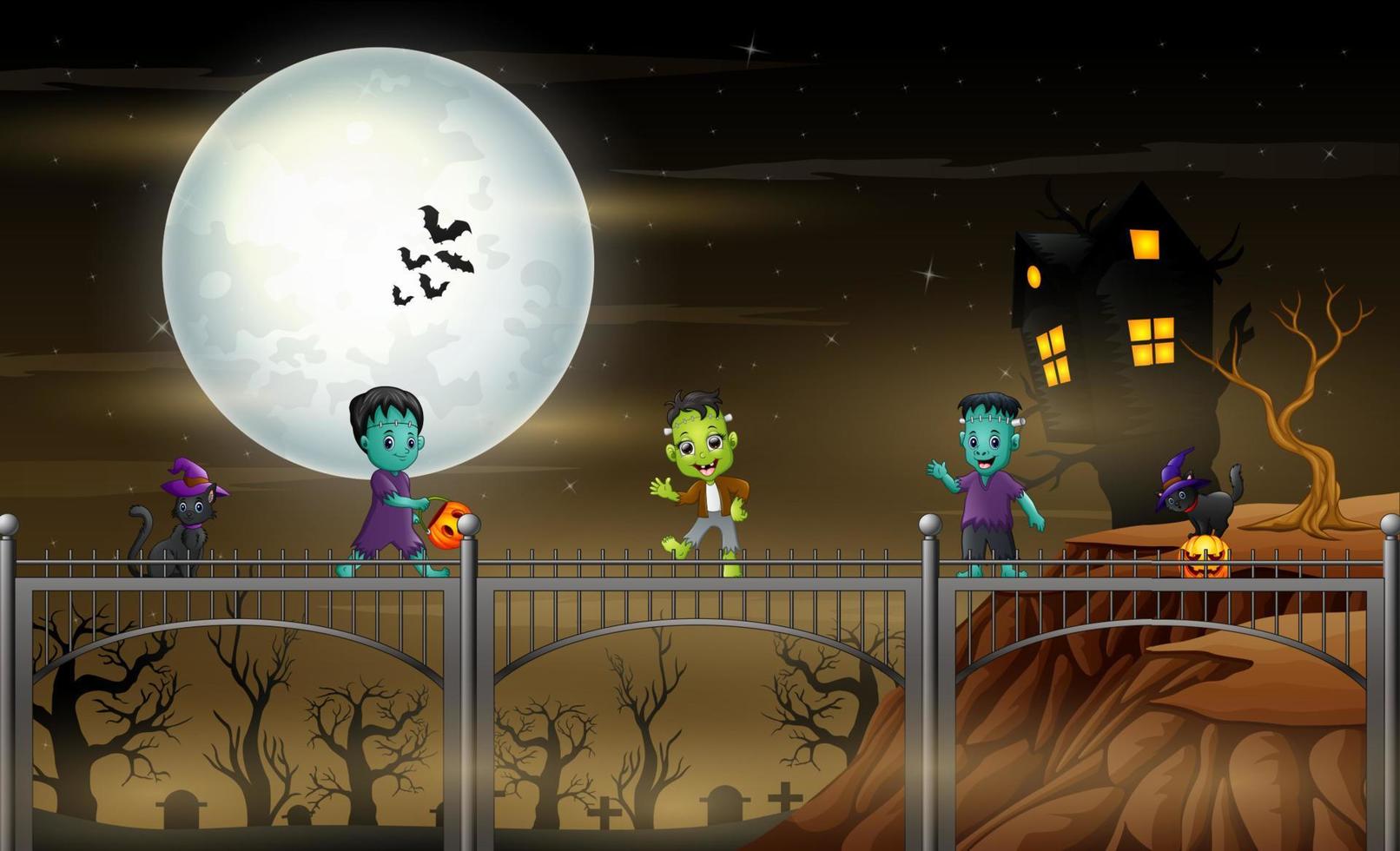 desenho animado de halloween frankenstein na cena noturna vetor