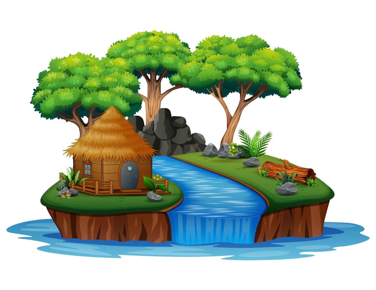 ilha com ilustração de cabana e cachoeira vetor