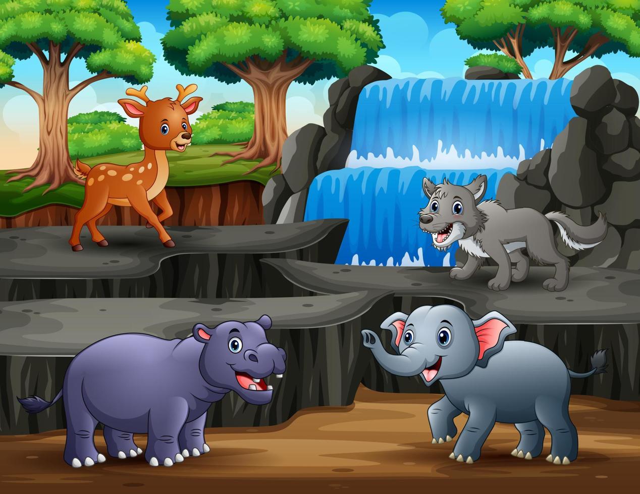 animais engraçados com paisagem de cachoeira vetor