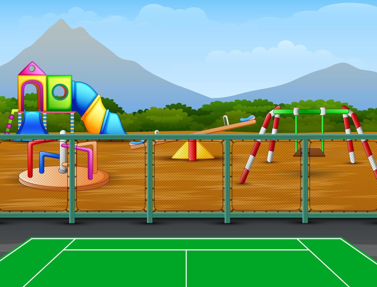 quadra de tênis com fundo de playground infantil vetor