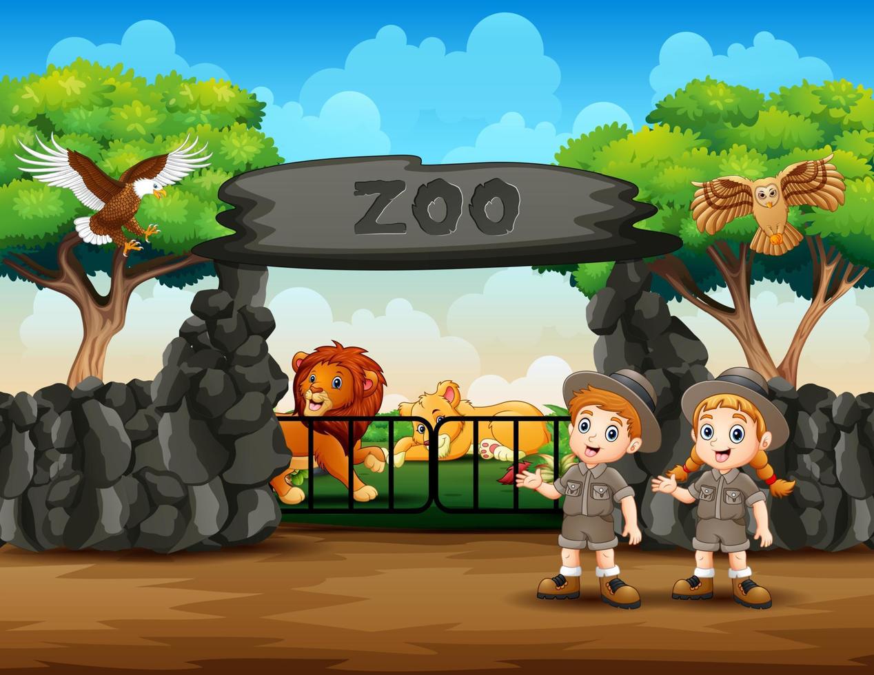 tratador de zoológico e animais selvagens na ilustração de entrada do zoológico vetor