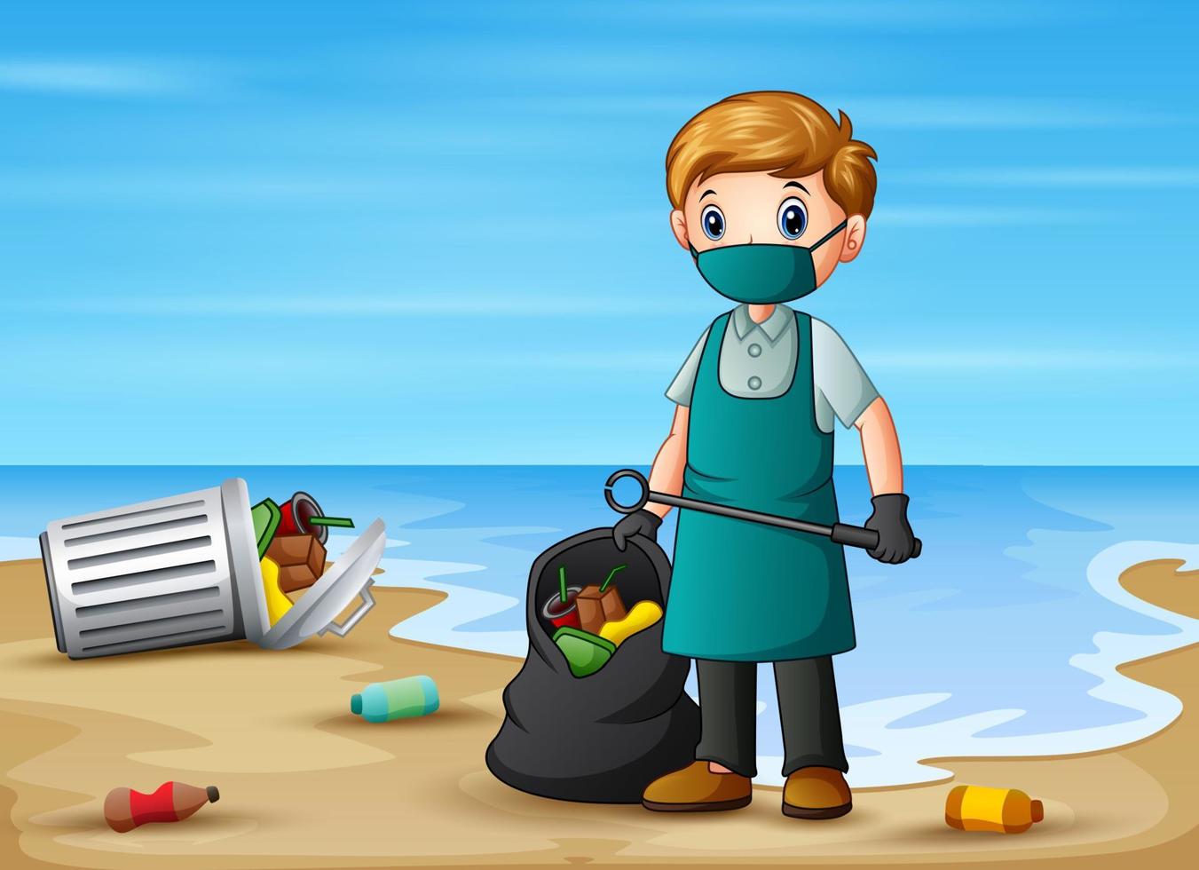 um homem limpando a ilustração da praia vetor