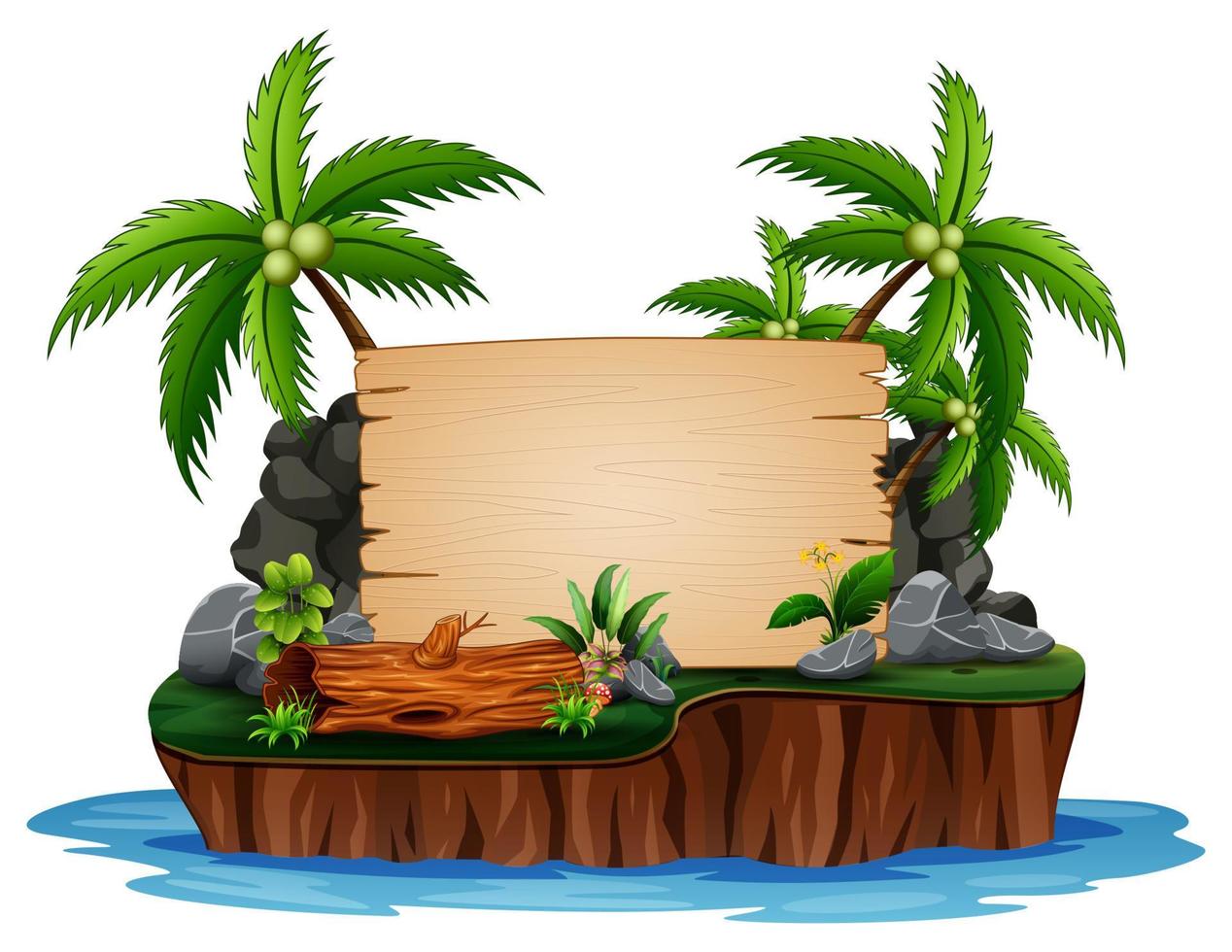 ilustração da ilha de coco e tábua de madeira vetor