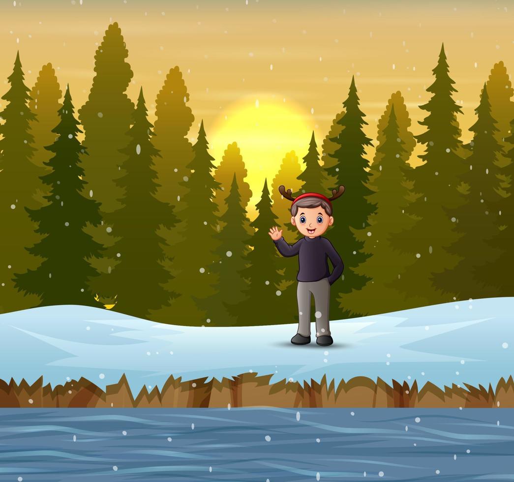 um homem acenando com a mão na floresta no inverno vetor