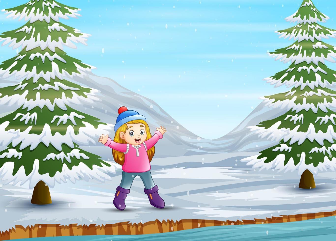 linda garota se divertindo na paisagem de inverno vetor