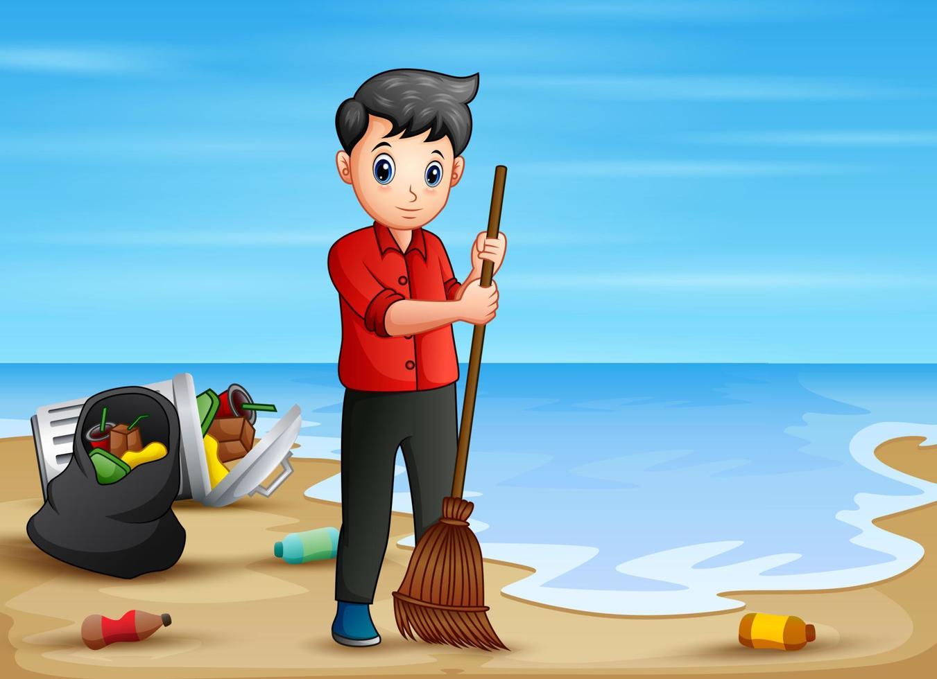 homem voluntário varrendo lixo na praia vetor