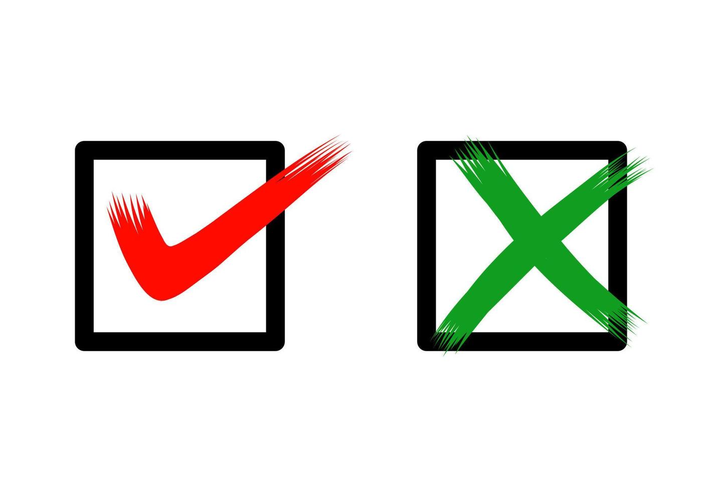 mão desenhada de marca de seleção verde e cruz vermelha isolada no fundo branco. ícone certo e errado. ilustração vetorial. vetor