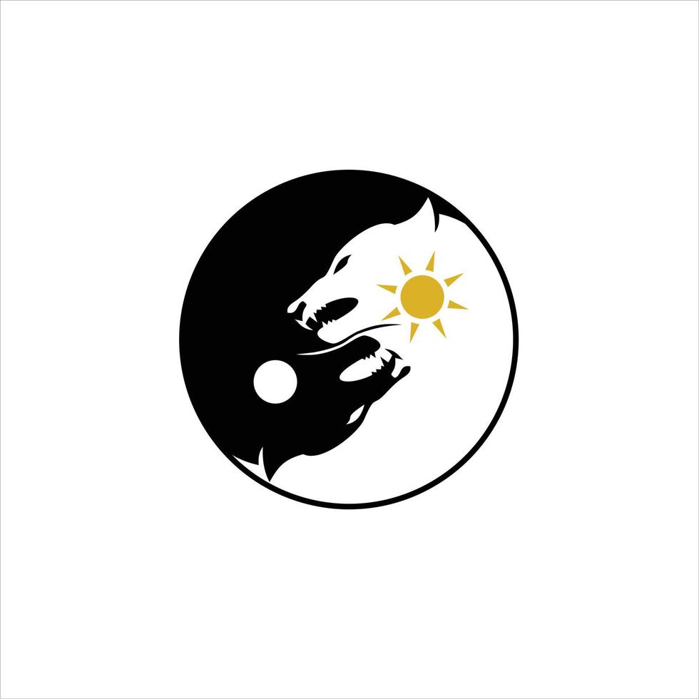 ilustração do logotipo zen de design de distintivo de círculo de lobo preto e branco de equilíbrio vetor