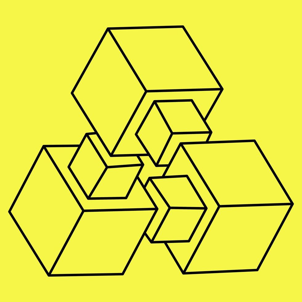 formas impossíveis. figura de geometria sagrada. ilusão de óptica. objeto geométrico eterno abstrato. esboço infinito impossível. arte óptica. forma de geometria impossível em um fundo amarelo. vetor