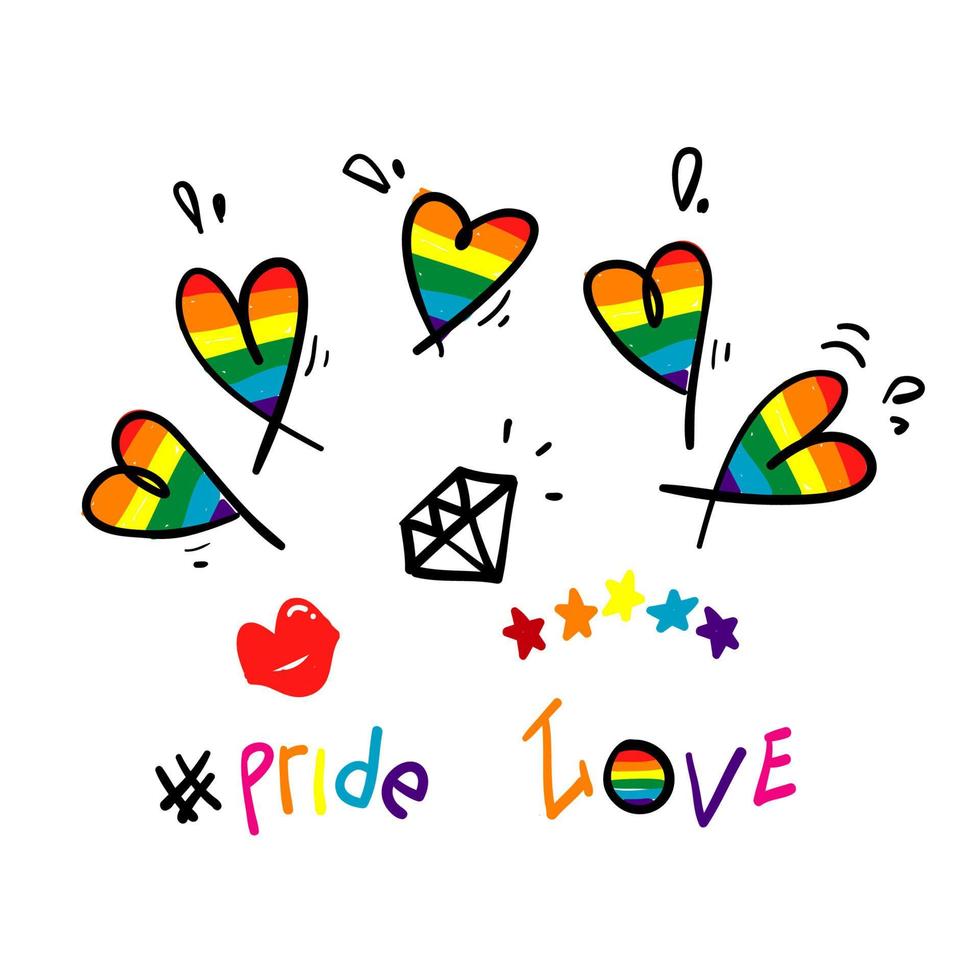 orgulho desenhado à mão, amor, com símbolo de arco-íris para slogan gay e direitos lgbt. vetor de rabiscos