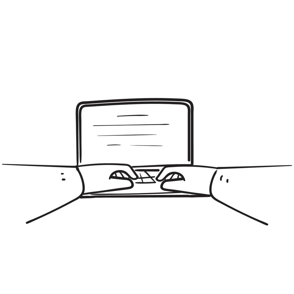 mão desenhada doodle digitando no vetor de ilustração de laptop isolado
