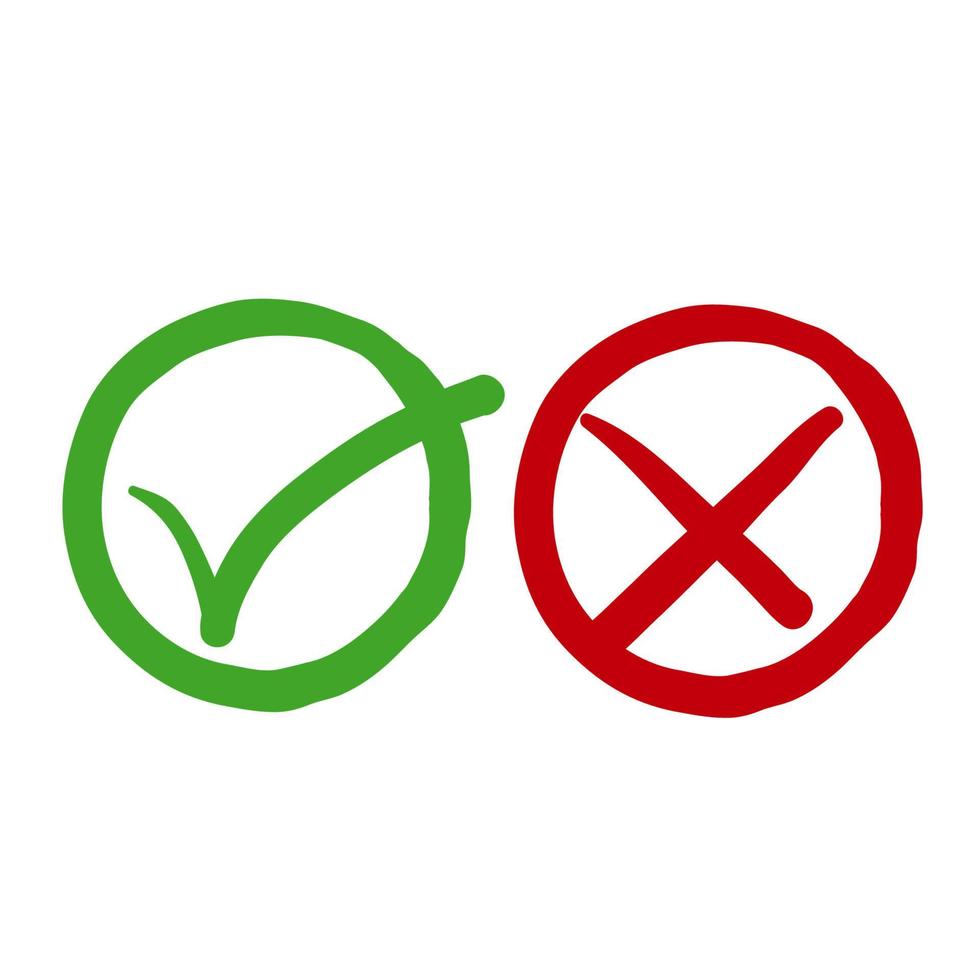símbolo de carrapato verde desenhado à mão e sinal da cruz vermelha em círculo. ícones para teste de avaliação. vetor. rabisco vetor