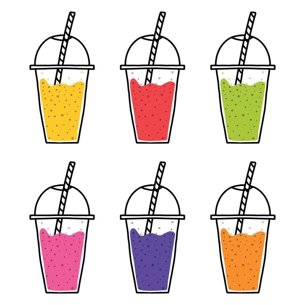 conjunto de vetores de copos de smoothie. estilo doodle. batidos em cores diferentes.